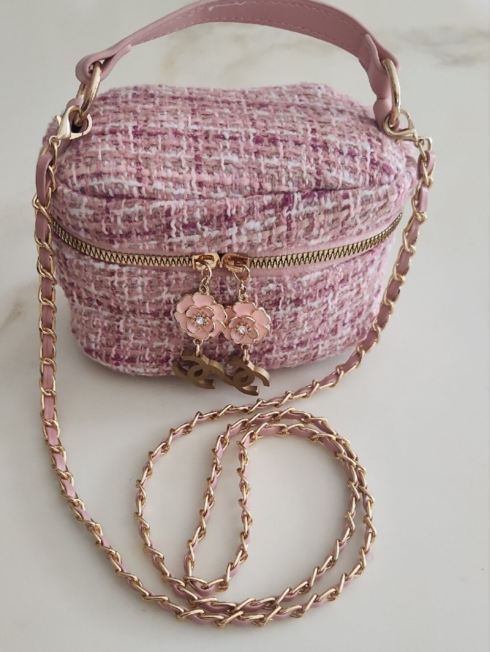 Pink Tweed Mini Vanity Crossbody Bag with Floral Charms..so Pretty! - Picture 9 of 11